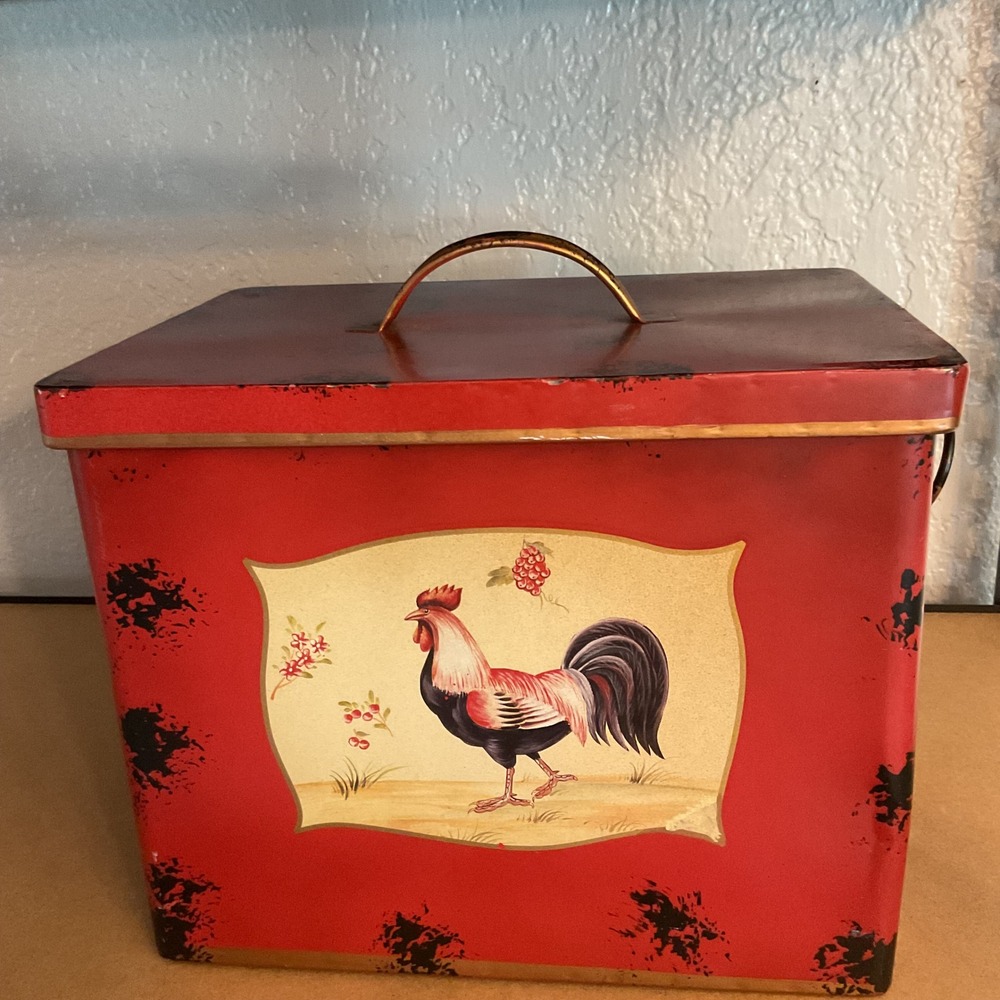 Vintage Farmhouse Red Metal Rooster Bread Box Storage Tin with Lid and Handles